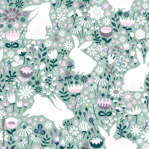 Seamless pattern from silhouettes of rabbits and wildflowers