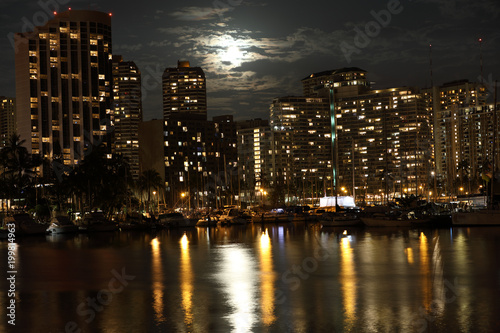 Magic Island, Boat harbor, full moon night, City Skyline, Night Life, Oahu, Honolulu, Hawaii © Sid