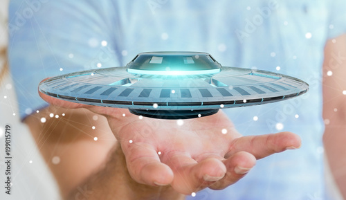 Fototapeta Naklejka Na Ścianę i Meble -  Businessman with retro UFO spaceship 3D rendering