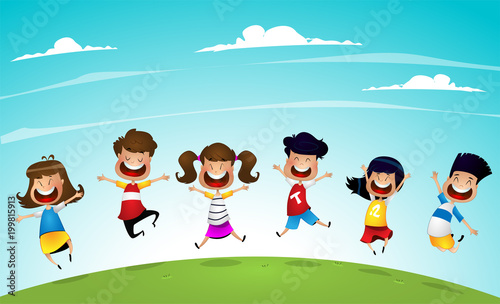 Happy cartoon kids jumping together