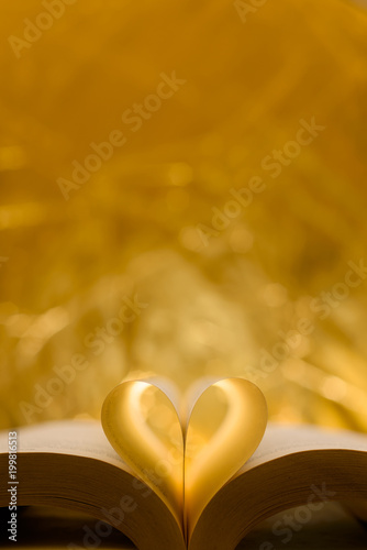 Heart-shaped paper inside a gold book. The shape of the heart is known worldwide as a symbol of love and unity.