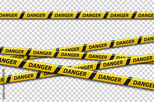 Vector set of realistic isolated caution tape with danger sign for decoration and covering on the transparent background. Concept of barricade, danger and crime.
