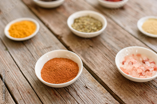 Various spices against a dark background. Food ingredients