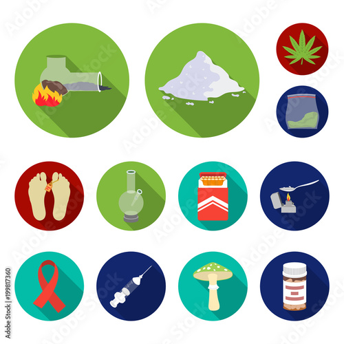 Drug addiction and attributes flat icons in set collection for design. Addict and Drug vector symbol stock web illustration.