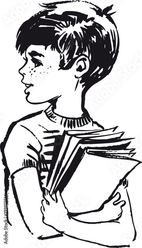 Boy with exercing books, Retro Vector Illustration
