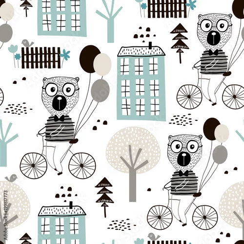 Tapety Jednolity wzór dziecinny z słodkie misie, jazda na rowerze w mieście. Kreatywne tekstury dla dzieci do tkanin, opakowań, tekstyliów, tapet, odzieży. Ilustracji wektorowych