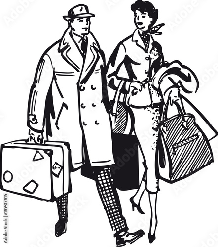 Couple with baggage, Retro Vector Illustration