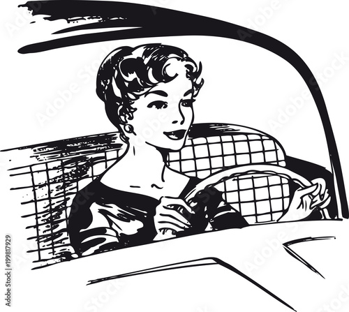 Woman behind the wheel, Retro Vector Illustration