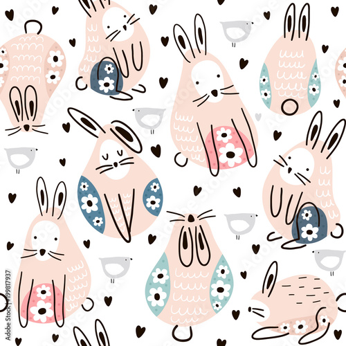 Seamless childish pattern cute rabbits with floral elements on body. Creative kids texture for fabric, wrapping, textile, wallpaper, apparel. Vector illustration