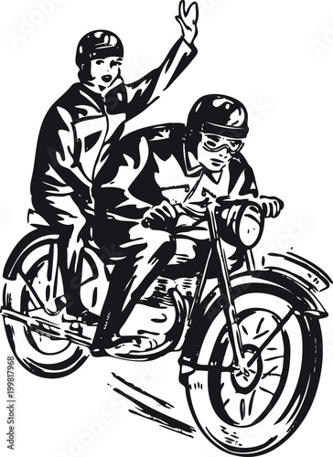 Couple on a motorcycle, Retro Vector Illustration