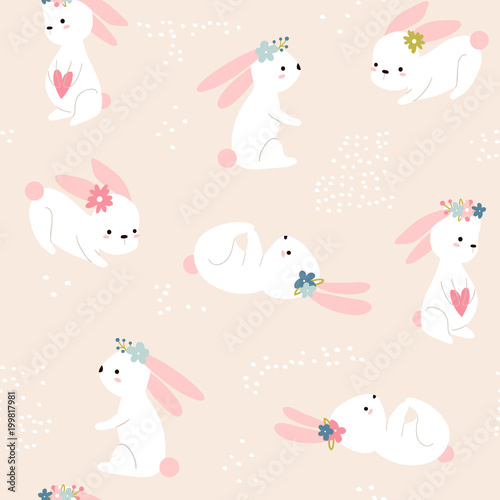 Seamless childish pattern with cute rabbits. Creative spring kids texture for fabric, wrapping, textile, wallpaper, apparel. Vector illustration