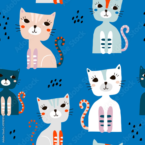 Seamless pattern with cute colorful cats and hand drawn elements. Creative childish texture. Great for fabric, textile Vector Illustration