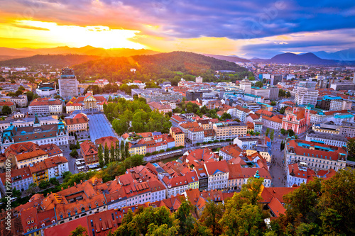 Sunset above Ljubljana aerial view