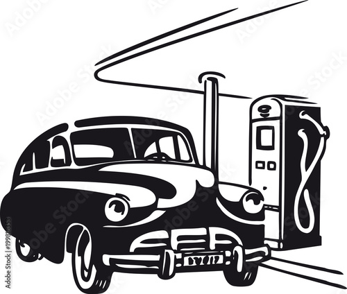 Automobile at the gas station, Retro Vector Illustration