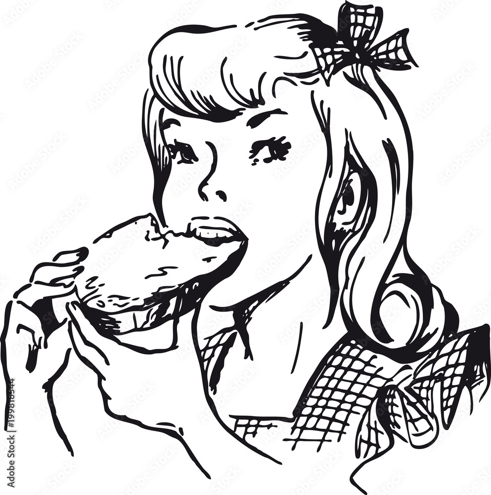 Girl eating a jam bread, Retro Vector Illustration