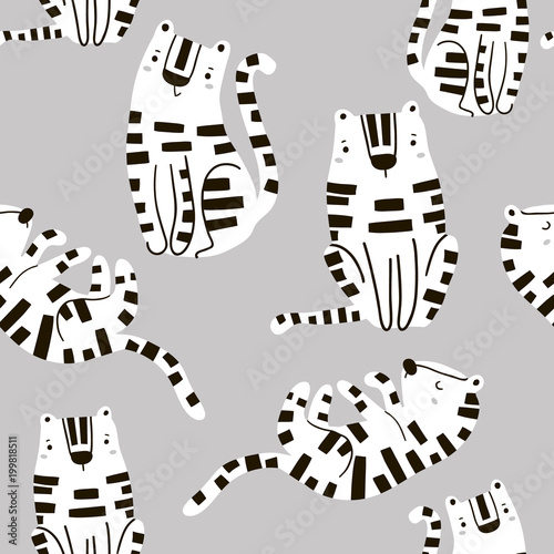 Seamless childish pattern with cute tigers in black and white style. Creative kids texture for fabric, wrapping, textile, wallpaper, apparel. Vector illustration