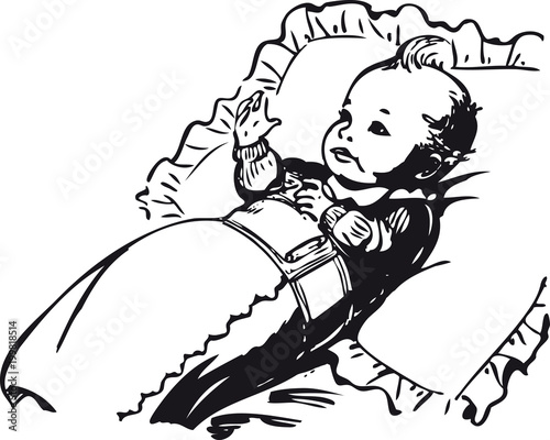 Baby on a pillow, Retro Vector Illustration