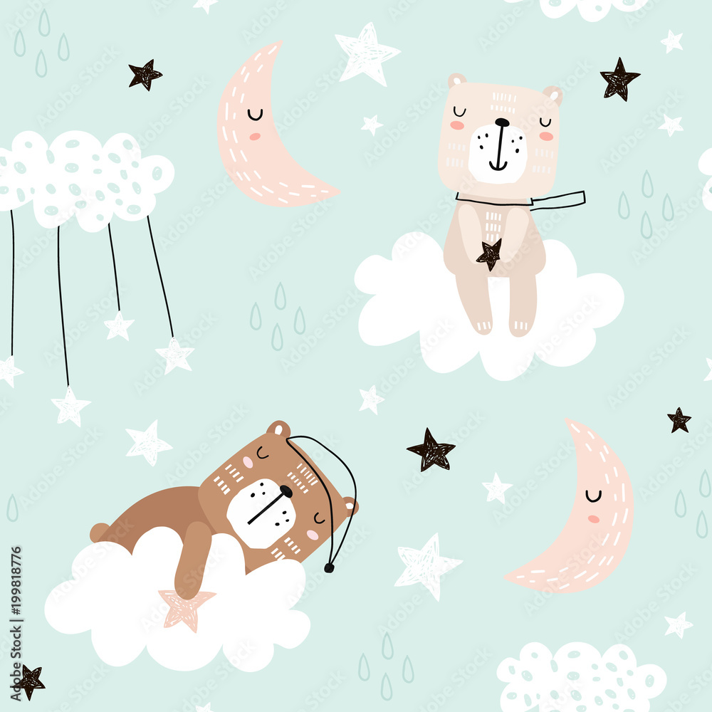 Seamless childish pattern with cute bears on clouds, moon, stars ...