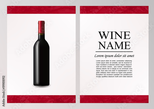 Advertising magazine page,wine presentation brochure. Illustration of a dark bottle of red wine in photorealistic style. A realistic object on stylish background with splashes of wine and text .Vector