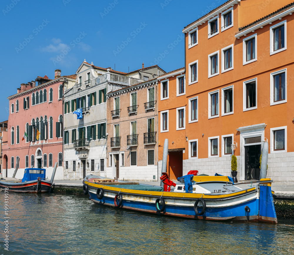 Colourful houses along the Canale di Cannaregio in Venice, Veneto, Italy.