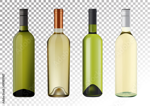 Vector illustration. Set of white wine bottles in photorealistic style. A realistic objects on a transparent background. 3D Realism.