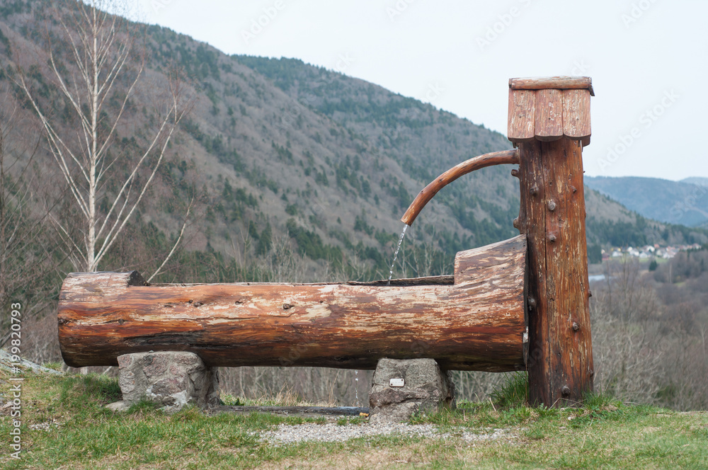 Obraz premium typical wooden fountain on moutain landscape background