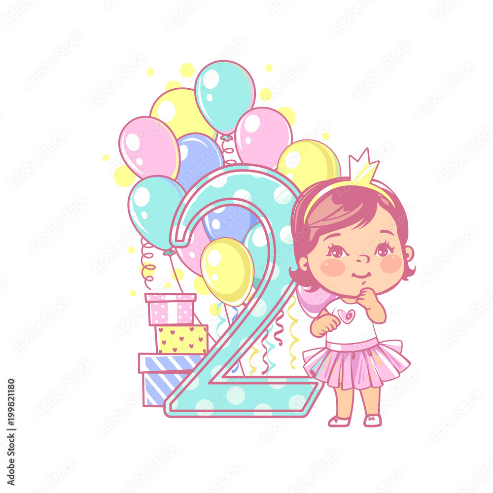 Two years old girl standing near large number 2. Second year celebration. Little girl's birthday. Cute girl wearing tutu skirt. Air balloons, gifts, crown, bright color. Vector illustration. Two years old girl standing near large number 2. Second year celebration. Little girl's birthday. Cute girl wearing tutu skirt. Air balloons, gifts, crown, bright color. Vector illustration.