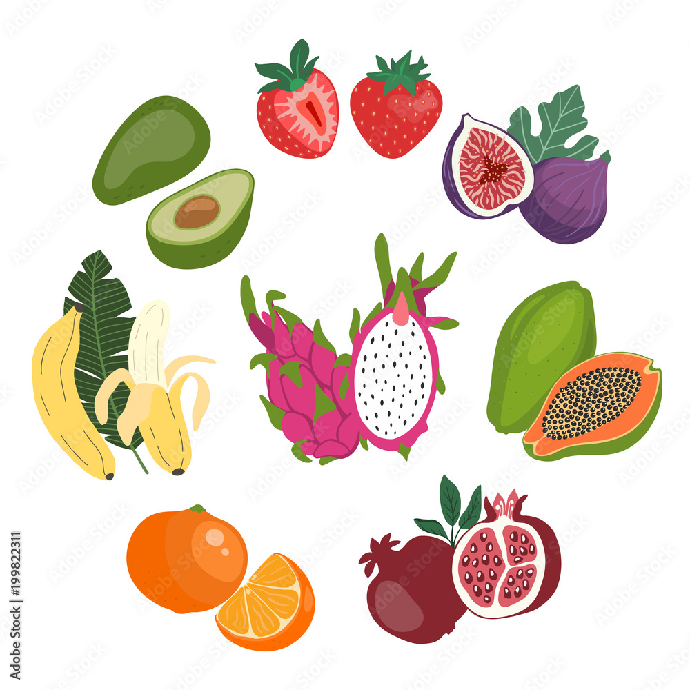 Cute flat illustration set of the whole and sliced fresh fruits.Template for your design. Vector illustration. Cute flat illustration set of the whole and sliced fresh fruits.Template for your design. Vector illustration.