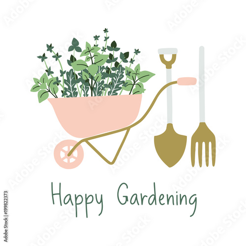 Hand drawn gardening banner. Wheelbarrow, plants  and garden tools in a cartoon style. Vector illustration.
