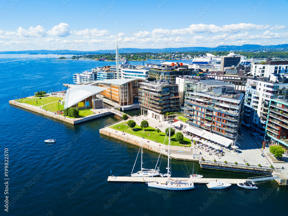 Aker Brygge aerial view, Oslo - obrazy, fototapety, plakaty 