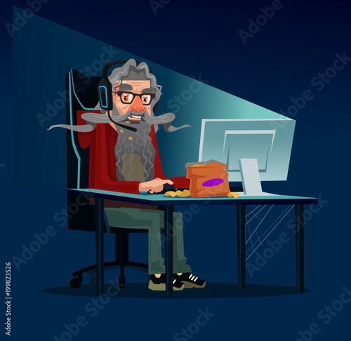 Happy smiling modern grandfather grandpa old man gamer user character sitting on table and play computer game searching information online by internet using laptop pc. Freelance work concept