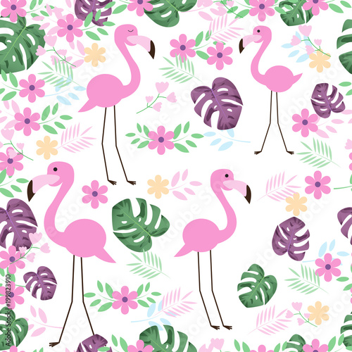 Cute flamingo bird seamless pattern with tropical leaves and flower. Vector illustration.