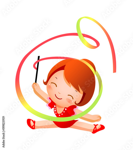 Girl practicing rhythmic gymnast performing with ribbon 