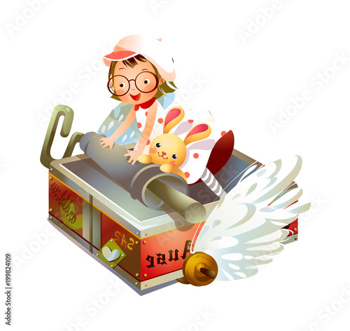 Girl flying on a box with a rabbit 