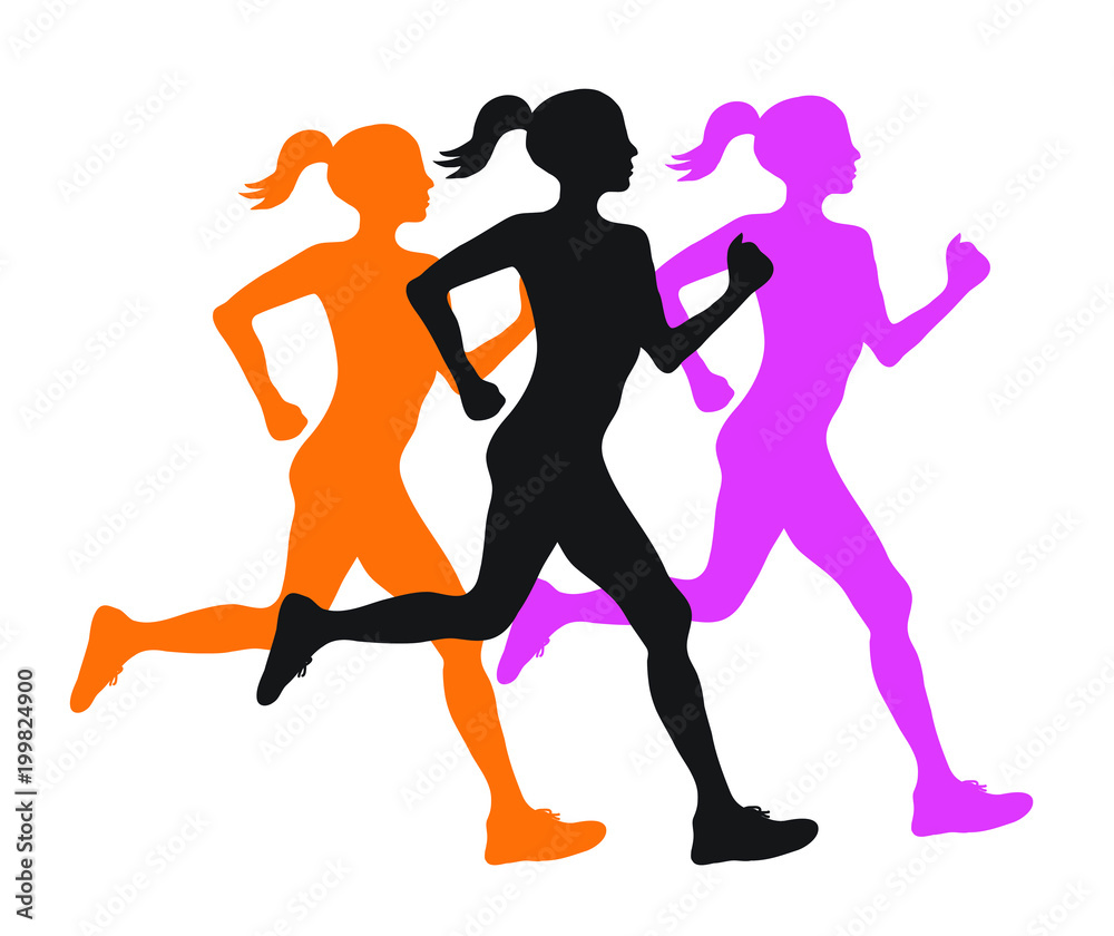 three silhouette of running women profile black, orange and pink, vector eps10 illustration