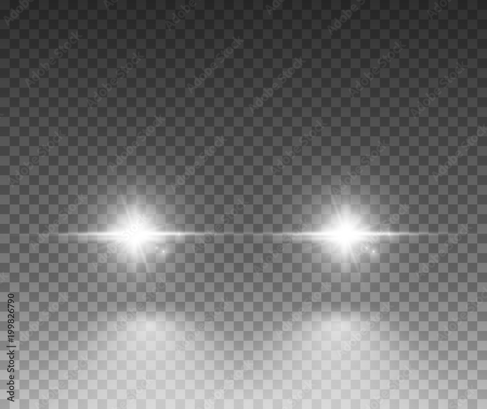 Cars light effect. White glow car headlight bright beams ray isolated on transparent background - obrazy, fototapety, plakaty 