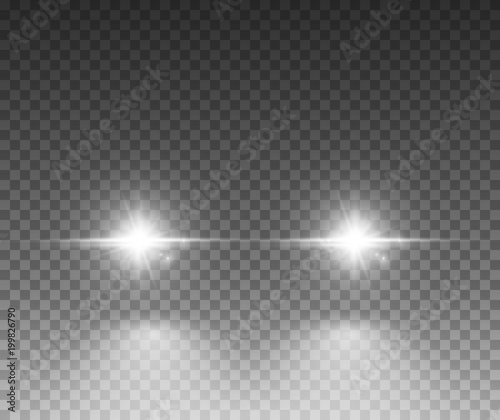 Cars light effect. White glow car headlight bright beams ray isolated on transparent background