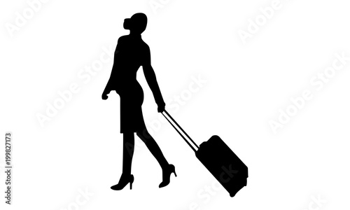 silhouette girl walking while pulling suitcase