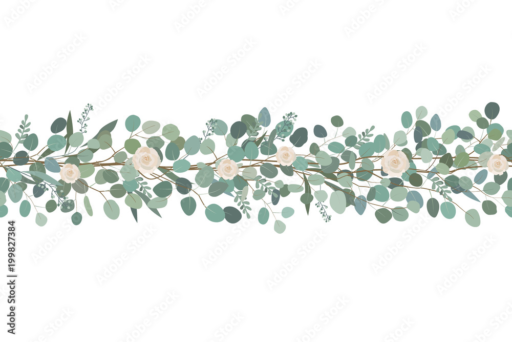 Elegant seamless border from roses and eucalyptus branches. Floral garland.  Vector illustration. Stock Vector | Adobe Stock