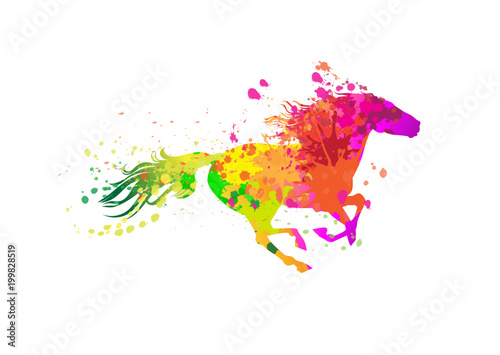 Runnign horse with grunge paint splashes.