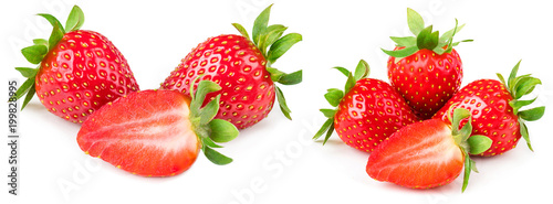 Fototapeta Naklejka Na Ścianę i Meble -  Strawberry isolated on white background. Red ripe whole strawberry with sliced half and leaves, macro.