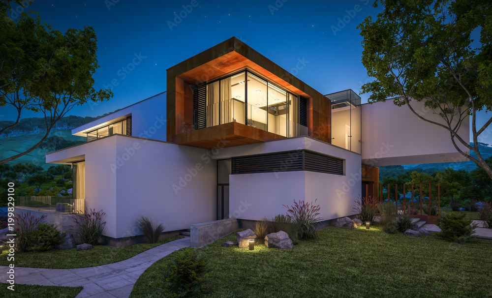 3d rendering of modern house by the river at night