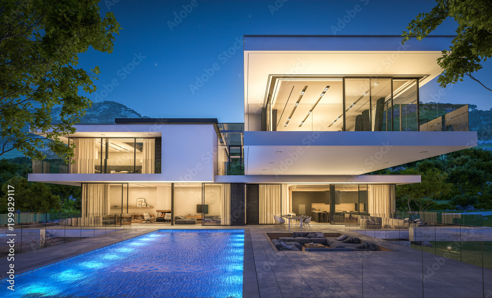 © korisbo - 3d rendering of modern house by the river at night