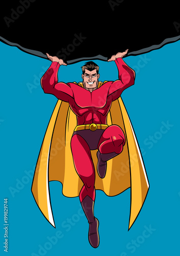 Front view full length illustration of a powerful and brave superhero holding a huge boulder above his head during a dangerous mission