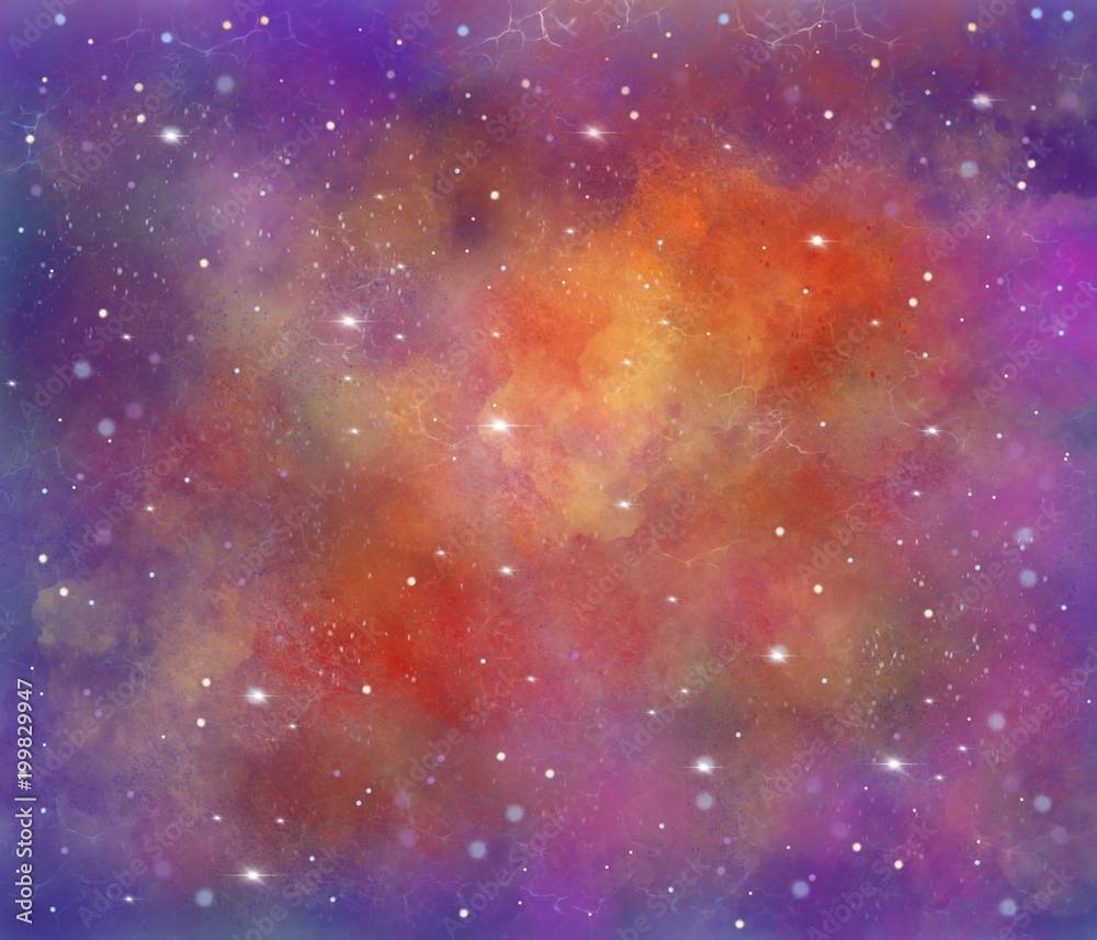 Red, purple and orange space illustration background with a bright white stars