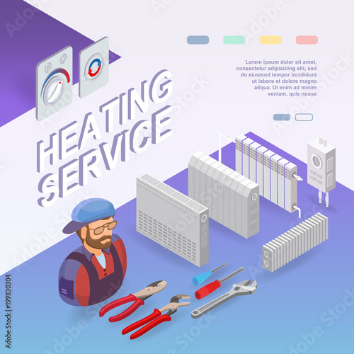 Heating service. Isometric concept. Worker, equipment.