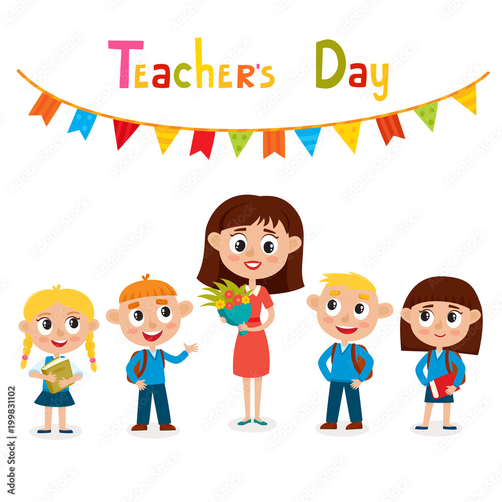 Vector illustration of teacher and pupils isolated on white. Vector illustration of teacher and pupils isolated on white.