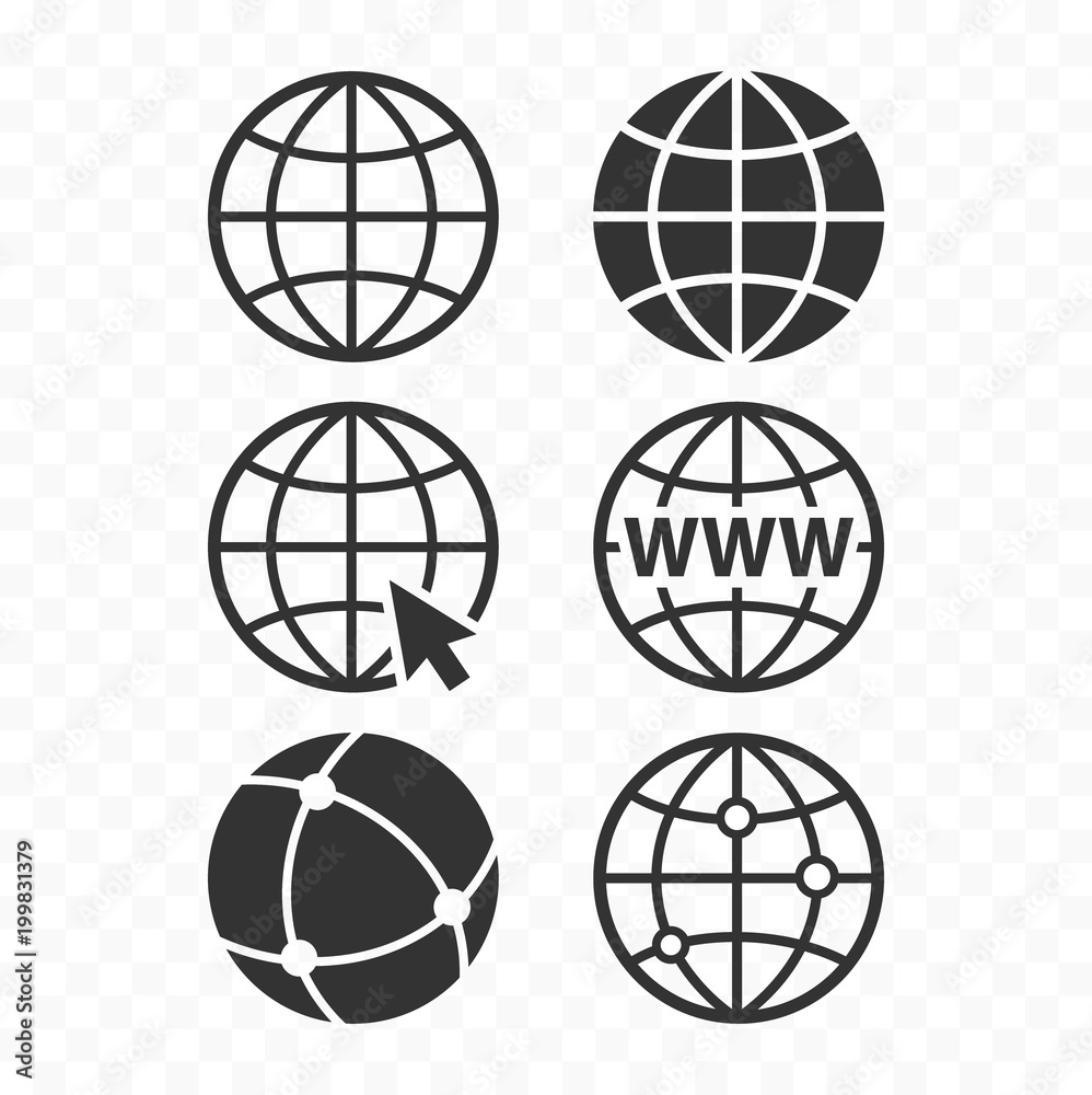 World wide web concept globe icon set. Planet web symbol set. Globe icons for websites.