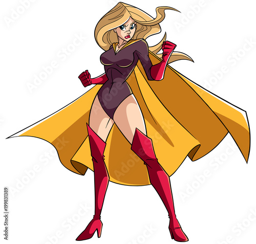 Full length illustration of a determined super heroine ready for battle wearing yellow cape isolated on white background for copy space