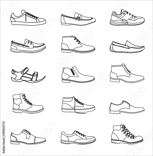 Shoes icons set. Footwear icons set. Set of shoes icons in a linear style. Collection of shoes pictograms. Shoe icons on white background. Vector illustration Eps10 file